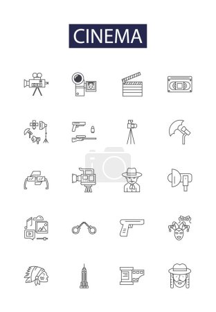 Illustration for Cinema line vector icons and signs. Film, Theater, Theater-goer, Video, Reel, Projector, Blockbuster, Actors vector outline illustration set - Royalty Free Image