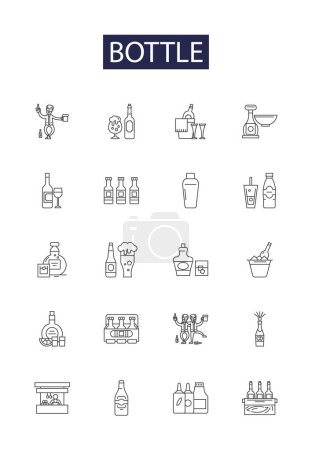 Illustration for Bottle line vector icons and signs. Flask, Container, Jar, Jug, Canteen, Carafe, Cruet, Beaker vector outline illustration set - Royalty Free Image
