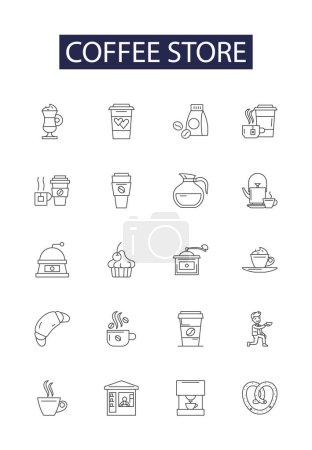 Ilustración de Cafetería línea vector iconos y signos. Tienda, Café, Asado, Barista, Espresso, Latte, Mocha, Brew vector esquema ilustración conjunto - Imagen libre de derechos