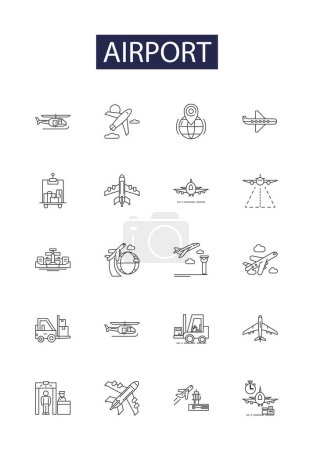 Illustration for Airport line vector icons and signs. Terminal, Aircraft, Flight, Sky, Runway, Departure, Arrival, Plane vector outline illustration set - Royalty Free Image