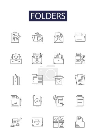 Ilustración de Carpetas línea vectorial iconos y signos. Directorios, Contenedores, Divisores, Aglutinantes, Fileboxes, Sobres, Compartimentos, Estantes esquema vectorial conjunto de ilustración - Imagen libre de derechos