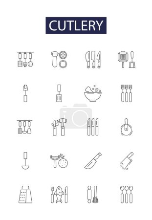 Illustration for Cutlery line vector icons and signs. Forks, Spoons, Chopping, Spatula, Skewers, Ladle, Tongs, Carving vector outline illustration set - Royalty Free Image