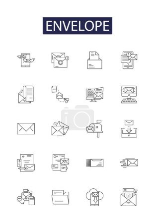 Téléchargez les illustrations : Icônes et signes vectoriels de ligne d'enveloppe. Mailer, Packet, Pouch, Sack, Enveloppe, Sheathe, Enclose, Wrap vector outline illustration set - en licence libre de droit
