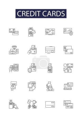 Illustration for Credit cards line vector icons and signs. Credit, Plastic, Charge, Debit, Purchases, Banking, Shopping, Banks vector outline illustration set - Royalty Free Image