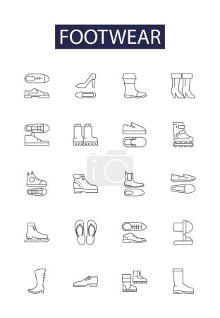Ilustración de Línea de calzado vector iconos y signos. Zapatillas, Sandalias, Clogs, Holgazanes, Chanclas, Zapatillas, Botas, Oxfords vector esquema ilustración conjunto - Imagen libre de derechos