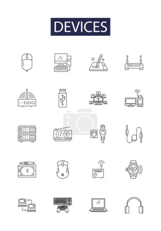 Ilustración de Los dispositivos alinean iconos y signos vectoriales. Electrodomésticos, Herramientas, Tecnología, Electrónica, Escáneres, Monitores, Impresoras, Teléfonos vector esquema conjunto de ilustración - Imagen libre de derechos
