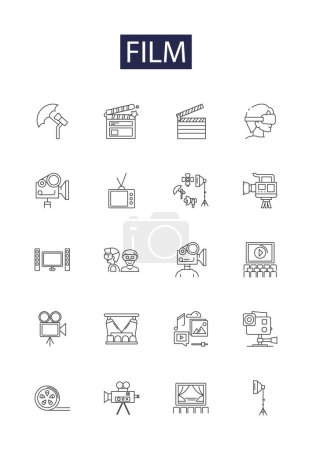 Illustration for Film line vector icons and signs. Cinema, Movie-making, Movies, Flicks, Cinema-house, Blockbuster, Reel, Footage vector outline illustration set - Royalty Free Image