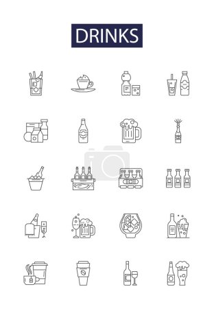 Illustration for Drinks line vector icons and signs. Alcohol, Cocktail, Soda, Smoothie, Juice, Tea, Coffee, Gatorade vector outline illustration set - Royalty Free Image