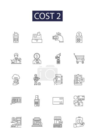 Illustration for Cost 2 line vector icons and signs. Price, Outlay, Costly, Costing, Pricey, Expenditure, Price tag, Price range vector outline illustration set - Royalty Free Image