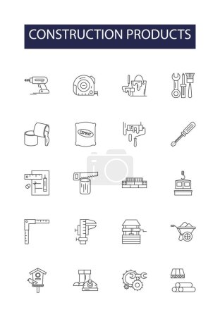 Illustration for Construction products line vector icons and signs. Cement, Bricks, Timber, Plaster, Roofing, Insulation, Tiles, Paint vector outline illustration set - Royalty Free Image