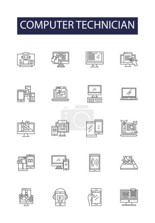 Illustration for Computer technician line vector icons and signs. technician, repair, IT, support, hardware, software, diagnostics, networks vector outline illustration set - Royalty Free Image