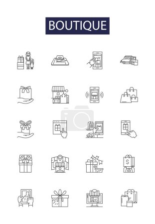 Illustration for Boutique line vector icons and signs. Store, Clothes, Fashion, Shopping, Glam, Luxury, Retail, Apparel vector outline illustration set - Royalty Free Image