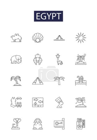 Illustration for Egypt line vector icons and signs. Pyramids, Pharaohs, Nile, Cairo, Giza, Isis, Thutmose, Tutankhamun vector outline illustration set - Royalty Free Image