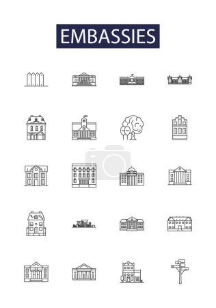 Embassies line vector icons and signs. Diplomats, Consulates, Ambassadors, Legations, Missions, Liaisons, Envoys, Offices vector outline illustration set