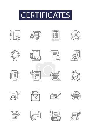 Certificates line vector icons and signs. Awards, Achievements, Diplomas, Accreditations, Licenses, Endorsements, Ratifications, Verifications vector outline illustration set