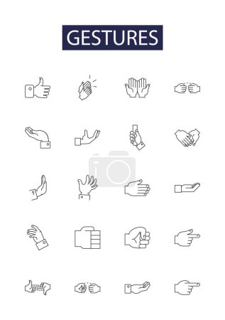 Téléchargez les illustrations : Les gestes sont des icônes vectorielles de ligne et des signes. postures, mouvements, expressions, signaux, froncements de sourcils, hochements de tête, arcs, saluts vectoriel illustration ensemble - en licence libre de droit