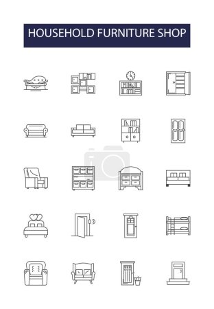 Illustration for Household furniture shop line vector icons and signs. Household, Shop, Sofa, Table, Chair, Cabinets, Stools, Beds vector outline illustration set - Royalty Free Image