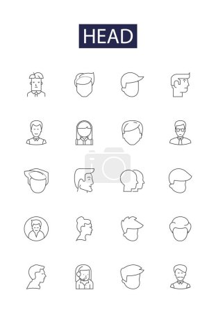 Vektor-Symbole und Zeichen für die Kopfzeile. Kopfhaut, Stirn, Gehirn, Frisur, Gesicht, Noggin, Hals, Topping Vektor Outline Illustration Set