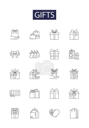 Illustration for Gifts line vector icons and signs. Tokens, Souvenirs, Awards, Trinkets, Relics, Artifacts, Merchandise, Bonuses vector outline illustration set - Royalty Free Image