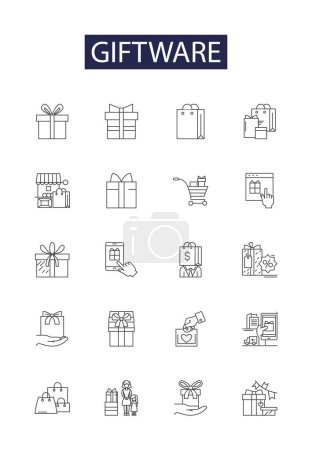 Illustration for Giftware line vector icons and signs. Keepsakes, Mementos, Trinkets, Ornaments, Presentations, Pinches, Awards, Souvenirs vector outline illustration set - Royalty Free Image