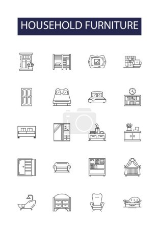 Illustration for Household furniture line vector icons and signs. Couch, Chairs, Tables, Dresser, Mattress, Desk, Cabinet, Wardrobe vector outline illustration set - Royalty Free Image