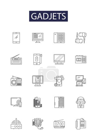 Ilustración de Gadjets línea vectorial iconos y signos. Dispositivos, Electrónica, Teléfonos, Computadoras, Tabletas, Cámaras, Instrumentos, Aparatos esquema vectorial conjunto de ilustración - Imagen libre de derechos
