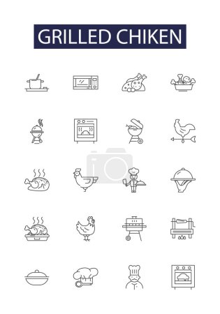 Ilustración de Grilled Chiken line vector iconos y signos. Pollo, barbacoa, asado, brochetas, al horno, marinado, a la parrilla de fuego, conjunto de ilustración de contorno vectorial ahumado - Imagen libre de derechos