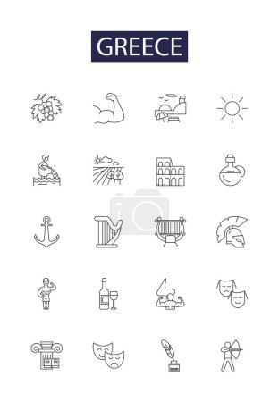 Ilustración de Grecia línea vector iconos y signos. Egeo, Peloponeso, Ateniense, Acrópolis, Miceno, Olimpo, Partenón, Conjunto de ilustración de contorno de vector cicládico - Imagen libre de derechos