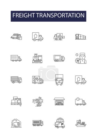Ilustración de Línea de transporte de mercancías vector iconos y signos. Transporte, envío, transporte, transporte, transporte, logística, entrega, carga, esquema de vector de envío conjunto de ilustración - Imagen libre de derechos