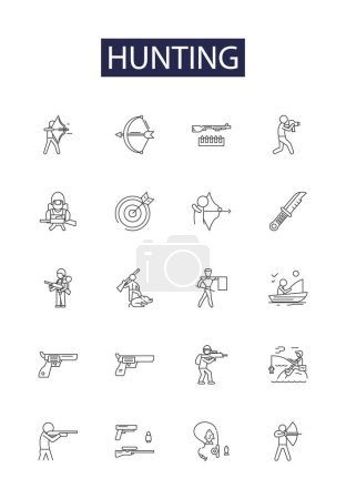 Illustration for Hunting line vector icons and signs. Tracking, Prey, Stalking, Trailing, Pursuit, Sniping, Baiting, Chasing vector outline illustration set - Royalty Free Image