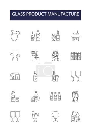 Illustration for Glass product manufacture line vector icons and signs. Molding, Blowing, Cutting, Tempering, Engraving, Etching, Grinding, Bending vector outline illustration set - Royalty Free Image