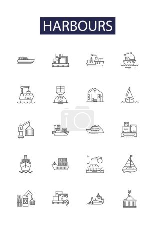 Illustration for Harbours line vector icons and signs. Marinas, Wharfs, Jetties, Havens, Seaports, Quays, Pier, Anchorage vector outline illustration set - Royalty Free Image