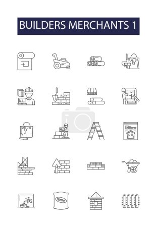 Illustration for Builders merchants 1 line vector icons and signs. merchants, supplies, construction, materials, tools, cement, bricks, timber vector outline illustration set - Royalty Free Image