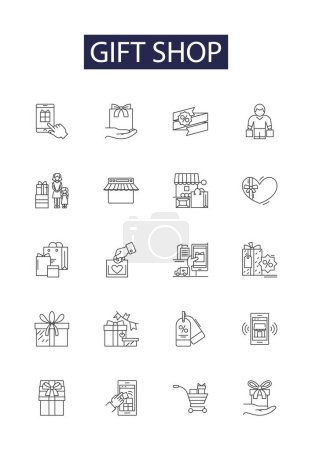 Illustration for Gift shop line vector icons and signs. Shop, Gifts, Shopping, Store, Present, Boutique, Buy, Sell vector outline illustration set - Royalty Free Image