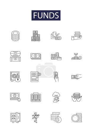 Illustration for Funds line vector icons and signs. Capital, Finances, Assets, Investment, Profits, Budget, Resources, Reserve vector outline illustration set - Royalty Free Image
