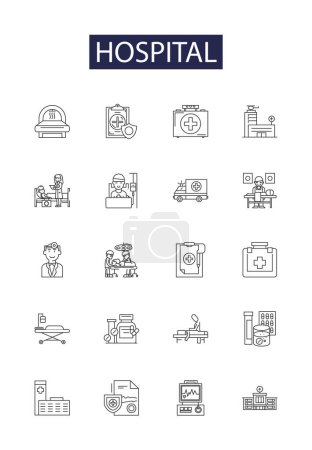Hospital line vector icons and signs. Medicine, Treatment, Care, Doctor, Emergency, Illness, Outpatient, Surgery vector outline illustration set