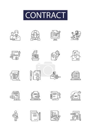 Illustration for Contract line vector icons and signs. Agreement, Pact, Clause, Accord, Obligation, Compact, Bond, Covenant vector outline illustration set - Royalty Free Image