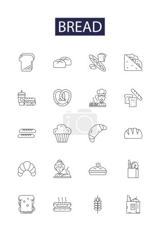 Icônes et signes vectoriels de ligne de pain. Baker, levure, levain, seigle, blé, pain grillé, rouleaux, illustration vectorielle de contour de baguette