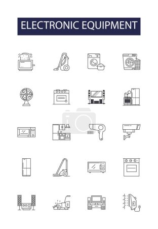 Ilustración de Equipo electrónico línea vectorial iconos y signos. dispositivos, aparatos, instrumentos, aparatos, componentes, maquinaria, sistemas, unidades vector esquema ilustración conjunto - Imagen libre de derechos
