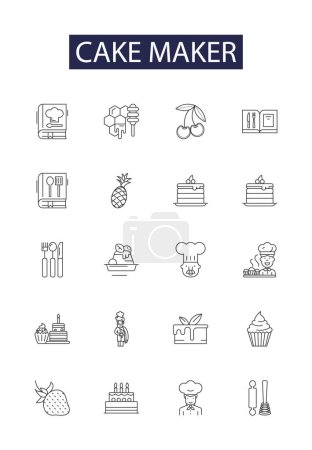 Illustration for Cake maker line vector icons and signs. Cakemaker, Confectioner, Pastry Chef, Caterer, Decorator, Confection, Icing, Patisserie vector outline illustration set - Royalty Free Image
