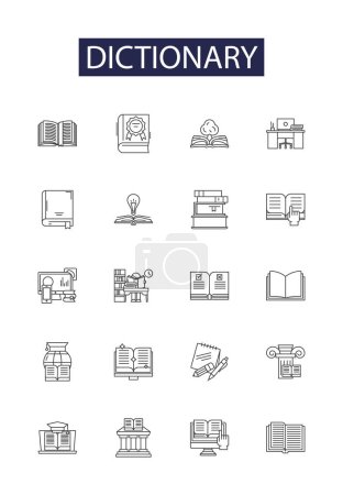 Illustration for Dictionary line vector icons and signs. Vocabulary, Glossary, Onomasticon, Thesaurus, Roget, Manzoni, Encyclopedia, Concordance vector outline illustration set - Royalty Free Image