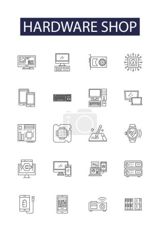 Illustration for Hardware shop line vector icons and signs. Shop, Supplies, Tools, Building, Nuts, Bolts, Washers, Screws vector outline illustration set - Royalty Free Image