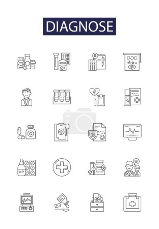 Illustration for Diagnose line vector icons and signs. Assess, Examine, Identify, Probe, Categorize, Evaluate, Analyze, Investigate vector outline illustration set - Royalty Free Image