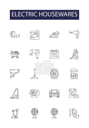 Illustration for Electric housewares line vector icons and signs. housewares, appliances, irons, mixers, blenders, food processors, toasters, microwaves vector outline illustration set - Royalty Free Image