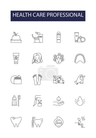 Illustration for Health care professional line vector icons and signs. Nurse, Physician, Surgeon, Physiotherapist, Cardiologist, Dentist, Gynecologist, Psychologist vector outline illustration set - Royalty Free Image