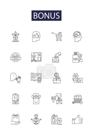 Illustration for Bonus line vector icons and signs. Gratuity, Incentive, Tip, Payout, Subsidy, Windfall, Premium, Boon vector outline illustration set - Royalty Free Image