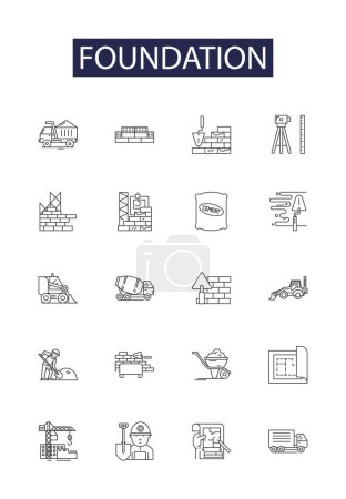 Foundation line vector icons and signs. Institution, Support, Vessel, Building, Platform, Origin, Idea, Crux vector outline illustration set