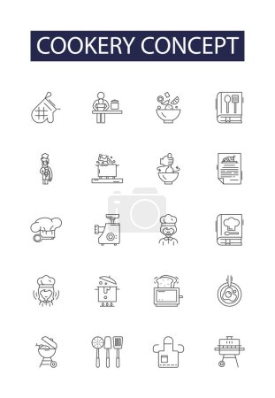 Illustration for Cookery concept line vector icons and signs. Cuisine, Recipe, Baking, Chef, Food, Grill, Stewing, Roasting vector outline illustration set - Royalty Free Image