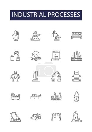 Illustration for Industrial processes line vector icons and signs. Automation, Refining, Engineering, Refractoring, Forging, Outputting, Welding, Machining vector outline illustration set - Royalty Free Image