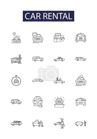 Autovermietung Linie Vektor Symbole und Zeichen. Buch, Miete, Mietwagen, Leasing, Automobil, Buchung, Reservierung, Vektor Outline Illustration Set